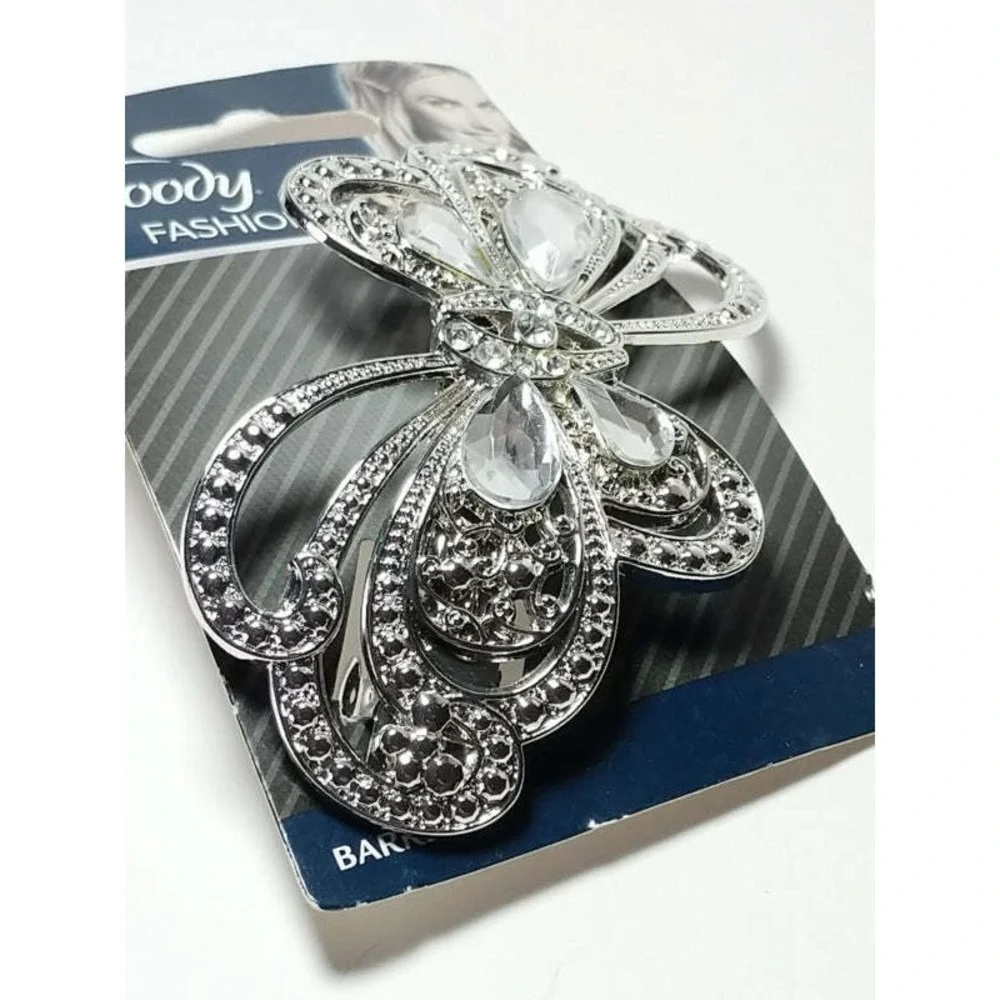 Goody Hair Barrette Fashionow Metal Butterfly Clip Faux Diamonds Gems Silver